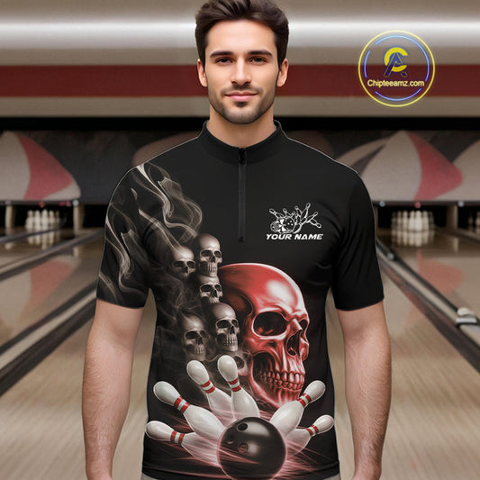 Custom Red Glowing Ghostly Skull Bowling Quarter-Zip Shirts For Men, Halloween Bowlers Outfit IPHW9516