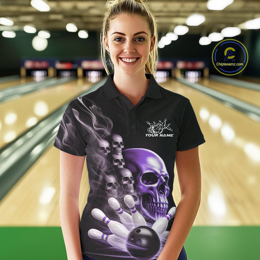 Custom Purple Glowing Ghostly Skull Bowling Women Polo Shirt, Halloween Bowlers Outfit IPHW9517