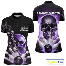 Load image into Gallery viewer, Custom Purple Glowing Ghostly Skull Bowling Women Quarter-Zip Shirt, Halloween Outfit IPHW9517