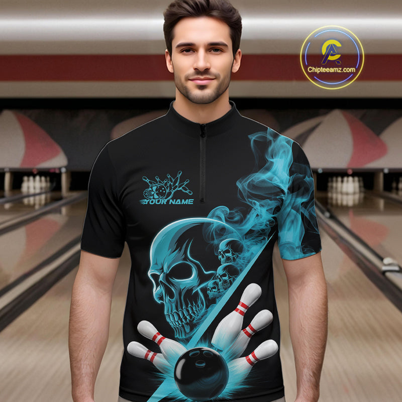 Custom Blue Smoke Skull Men Bowling Team Quarter-Zip Shirts, Hallowen Bowlers Jerseys IPHW9523