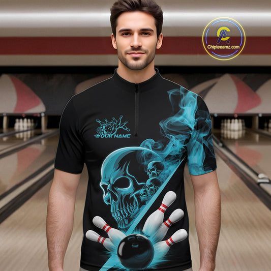 Custom Blue Smoke Skull Men Bowling Team Quarter-Zip Shirts, Hallowen Bowlers Jerseys IPHW9523