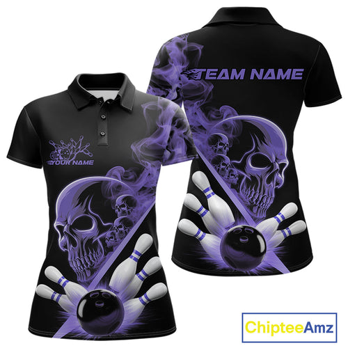 Custom Purple Smoke Skull Women Bowling Team Polo Shirts, Hallowen Bowlers Jerseys IPHW9525