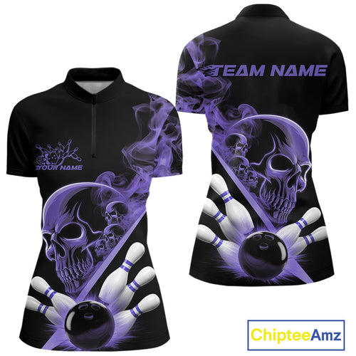 Custom Purple Smoke Skull Women Bowling Team Quarter-Zip Shirts, Hallowen Bowlers Jerseys IPHW9525