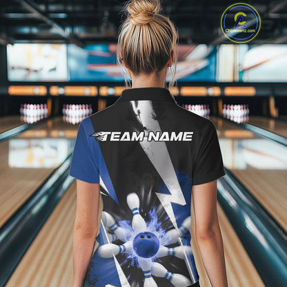 Custom Fiery Blue Bowling Women Polo Team Shirt, Fire Flame Bowling Jerseys Bowler Outfit IPHW9530
