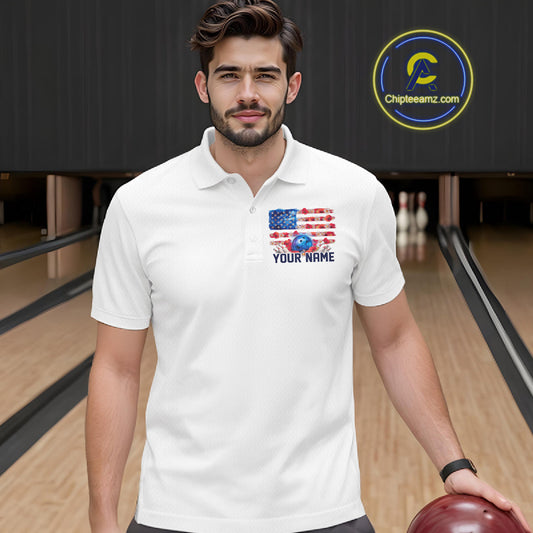 Custom Wild Flower Patriotic US Flag Bowling Polo Shirts For Men, Hippie Bowling Shirt IPHW9753