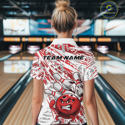 Red Camo Custom Funny Bowling Women Quarter-Zip Shirts, Bowling Team Tournament Shirt IPHW9397