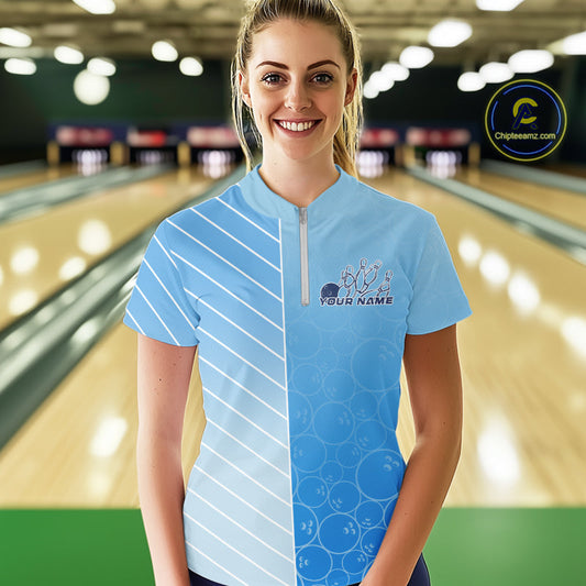 Custom Blue Bowling Pattern Team Women Quarter-Zip Shirts, Bowling Tournament Shirt IPHW9406