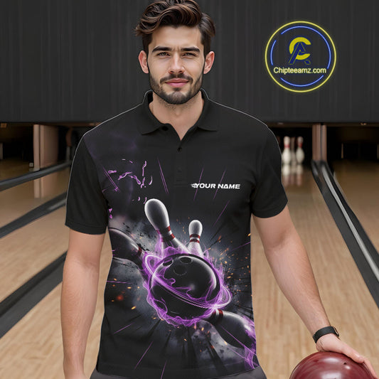 Custom Galaxy Purple Flame Bowling Polo Shirt For Men, Bowling League Team Uniform IPHW9567
