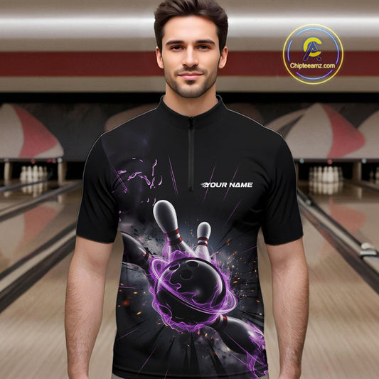 Custom Galaxy Purple Flame Bowling Quarter-Zip Shirt For Men, Bowling League Team Uniform IPHW9567
