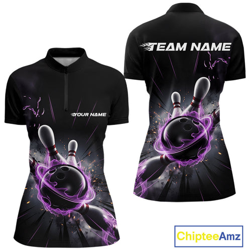 Custom Galaxy Purple Flame Bowling Quarter-Zip Shirt For Women, Bowling League Uniform IPHW9567