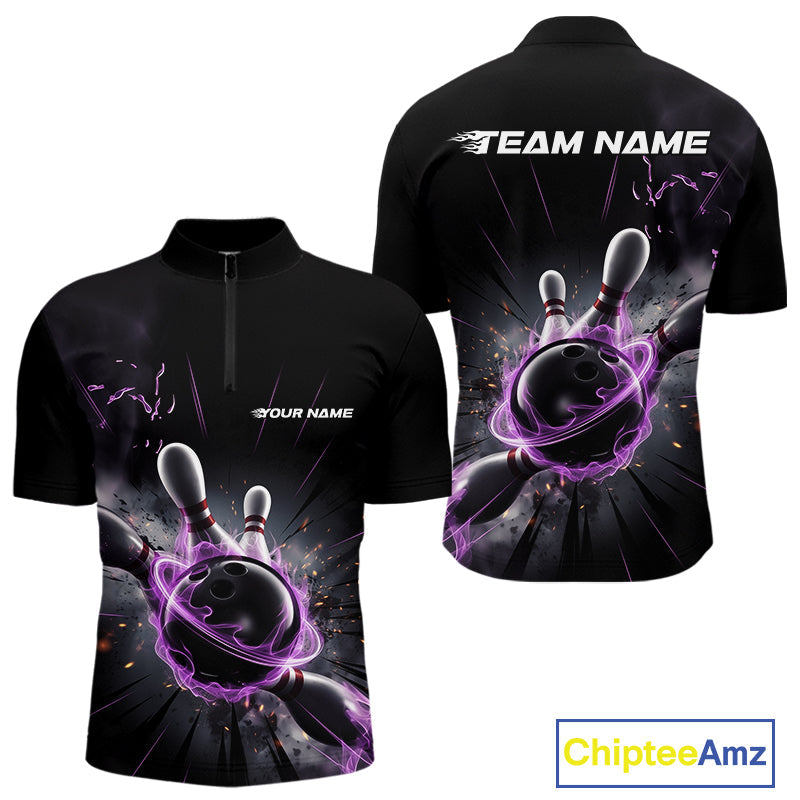 Custom Galaxy Purple Flame Bowling Quarter-Zip Shirt For Men, Bowling League Team Uniform IPHW9567