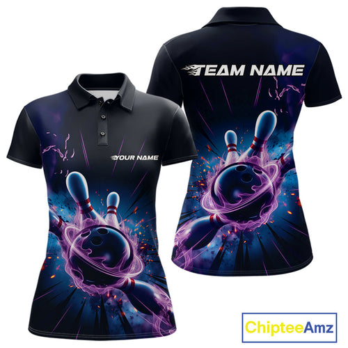 Custom Galaxy Blue And Purple Flame Bowling Women Polo Shirt, Bowling League Team Uniform IPHW9568