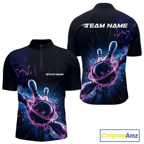 Custom Galaxy Blue And Purple Flame Bowling Men Quarter-Zip Shirt , Bowling League Team Uniform IPHW9568