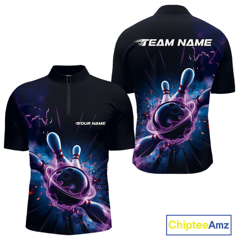 Custom Galaxy Blue And Purple Flame Bowling Men Quarter-Zip Shirt , Bowling League Team Uniform IPHW9568