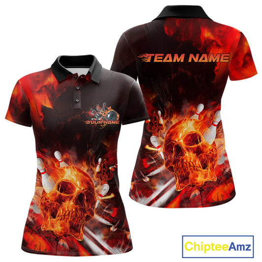 Custom Fire Flame Skull Bowling Polo Shirts For Women, Halloween Bowling Outfits IPHW9579