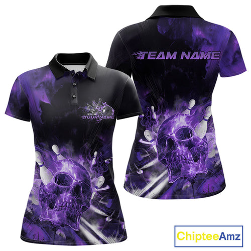 Custom Purple Fire Flame Skull Bowling Polo Shirts For Women, Halloween Bowling Outfits IPHW9580