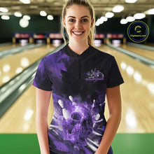 Load image into Gallery viewer, Custom Purple Fire Flame Skull Bowling Women Quarter-Zip Shirt, Halloween Bowling Outfits IPHW9580