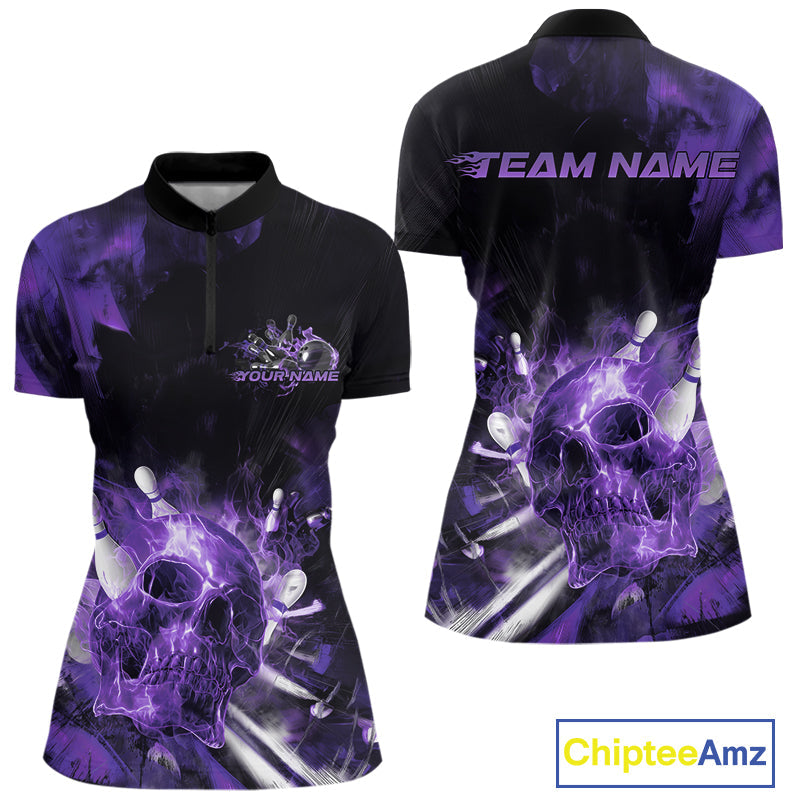Custom Purple Fire Flame Skull Bowling Women Quarter-Zip Shirt, Halloween Bowling Outfits IPHW9580