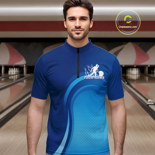 Custom Blue Bowling Team Quarter-Zip Shirts For Men, Bowling Tournament Bowling League Shirt IPHW9236