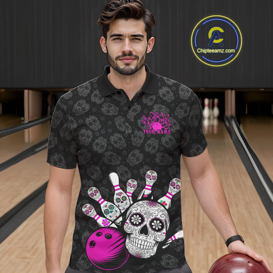 Custom Black And Pink Sugar Skull Bowling Team Polo Shirts For Men, Bowling League Shirt IPHW9252