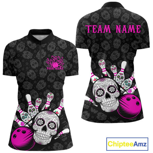 Custom Black And Pink Sugar Skull Bowling Women Quarter-Zip Shirt, Bowling League Shirt IPHW9252