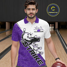 Load image into Gallery viewer, Cusom Purple Strike Bowling Team Polo Shirts For Men, Bowling League Shirt Bowlers Outfit IPHW9262