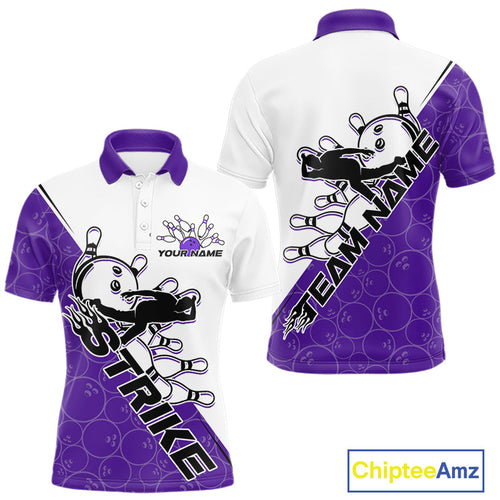 Cusom Purple Strike Bowling Team Polo Shirts For Men, Bowling League Shirt Bowlers Outfit IPHW9262