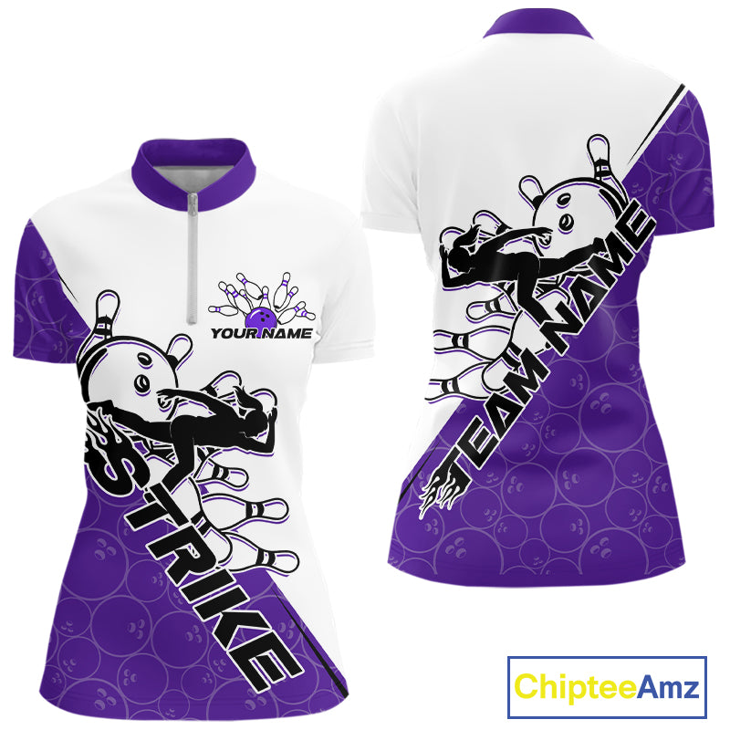 Cusom Purple Strike Bowling Team Women Quarter-Zip Shirt, Bowling League Bowler Outfit IPHW9262