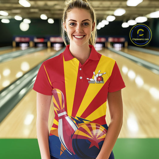 Custom Arizona Flag Bowling Team Polo Shirts For Women, Bowling Tournament Shirt IPHW9265
