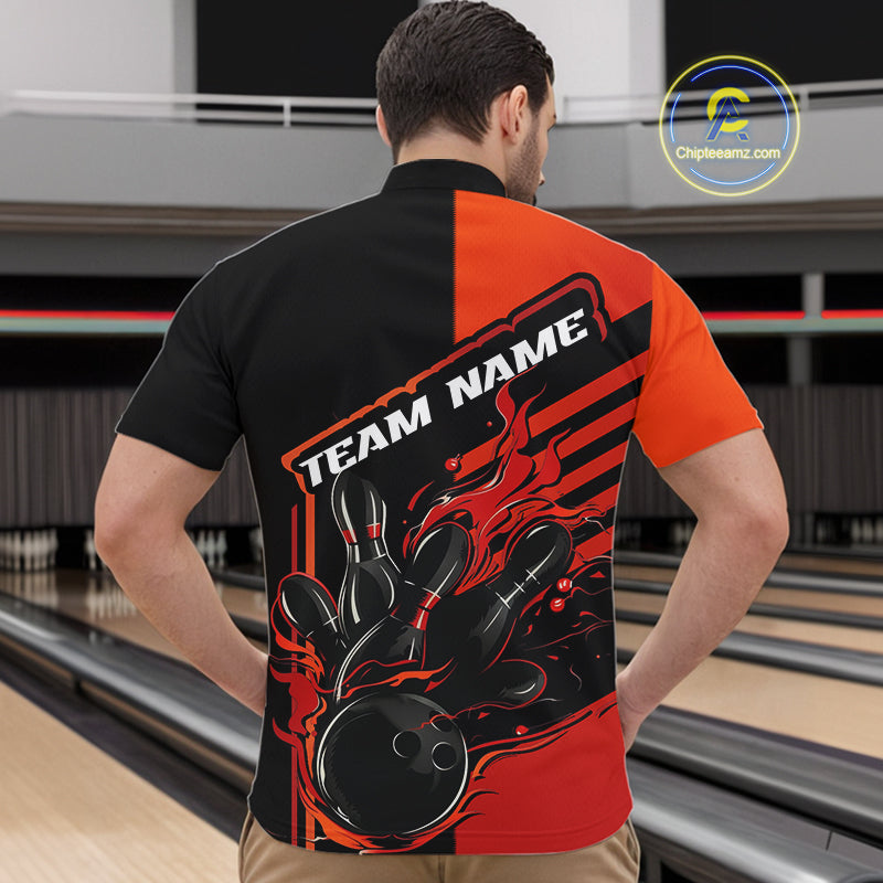 Custom Red Orange Flame Strike Bowling Quarter-Zip Shirts For Men, Fire Bowling League Shirt IPHW9267