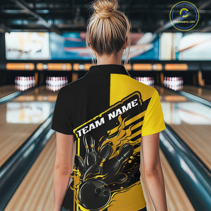 Custom Black And Gold Flame Strike Bowling Women Quarter-Zip Shirt, Bowling League Shirt IPHW9270