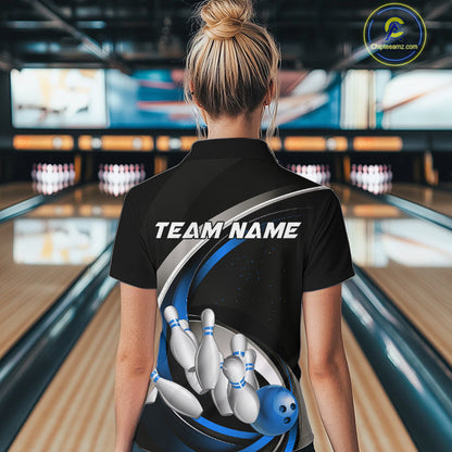 Custom Black Blue Bowling Team Jerseys, Bowler Uniform Bowling Women Quarter-Zip Shirts IPHW9277