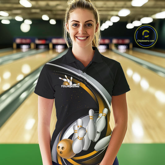 Custom Black Yellow Bowling Team Jerseys, Bowler Uniform Bowling Polo Shirts For Women IPHW9278