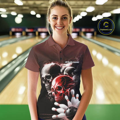 Custom Red Smoke Skull Bowling Polo Shirts For Women, Ghostly Halloween Bowling Outfit IPHW9520