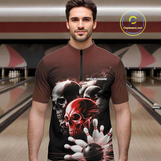 Custom Red Smoke Skull Bowling Quarter-Zip Shirts For Men, Ghostly Halloween Bowling Outfit IPHW9520