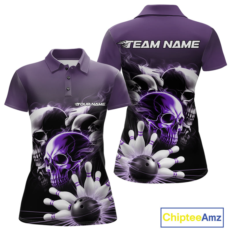 Custom Purple Smoke Skull Bowling Polo Shirts For Women, Ghostly Halloween Bowling Outfit IPHW9521