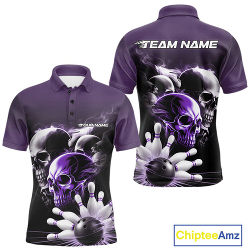 Custom Purple Smoke Skull Bowling Polo Shirts For Men, Ghostly Halloween Bowling Outfit IPHW9521