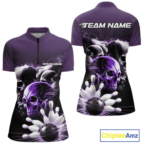 Custom Purple Smoke Skull Bowling Women Quarter-Zip Shirt, Ghostly Halloween Outfit IPHW9521