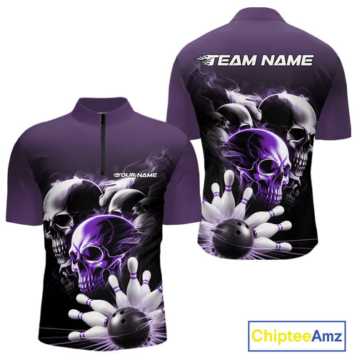 Custom Purple Smoke Skull Bowling Quarter-Zip Shirts For Men, Ghostly Halloween Bowling Outfit IPHW9521