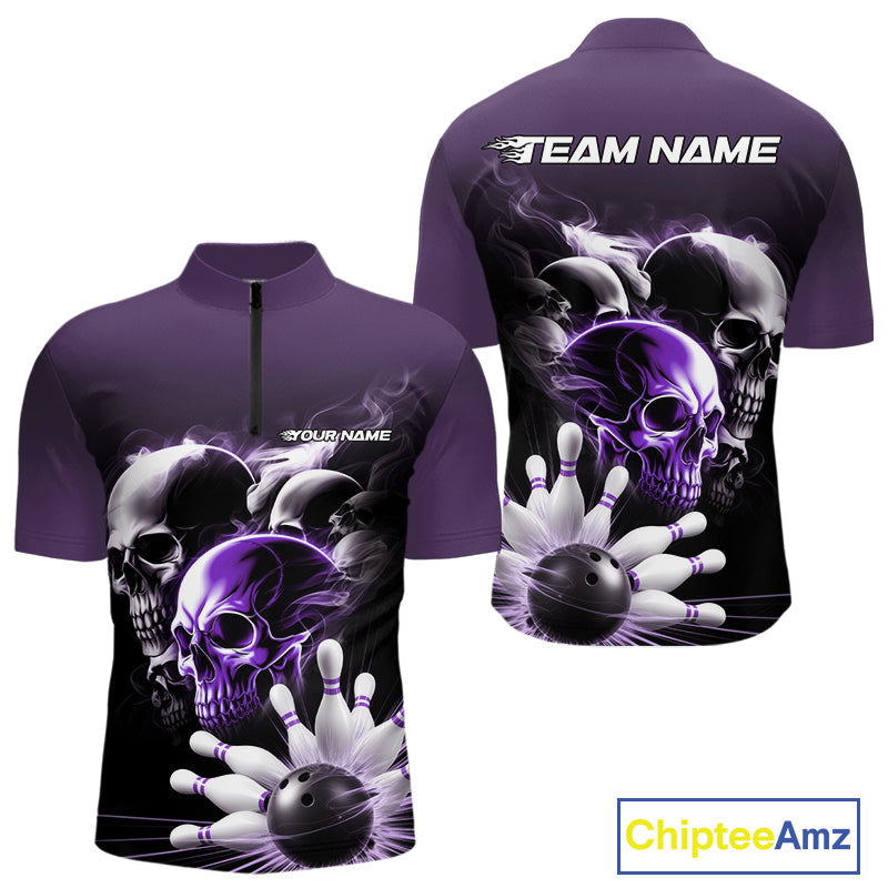 Custom Purple Smoke Skull Bowling Quarter-Zip Shirts For Men, Ghostly Halloween Bowling Outfit IPHW9521