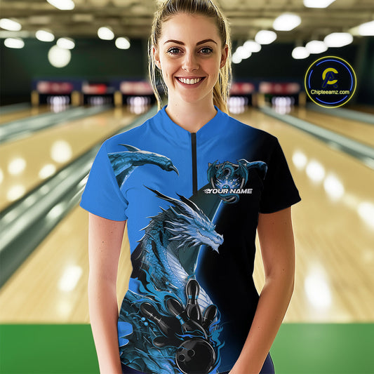 Custom Blue Dragon Flame Bowling Quarter-Zip Shirt For Women, Bowling Tournament Shirt IPHW9331