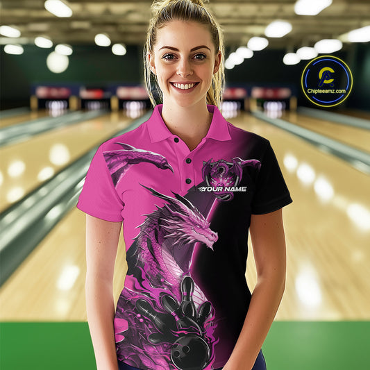 Custom Pink Dragon Flame Bowling Polo Shirts For Women, Bowling Tournament Shirt IPHW9332