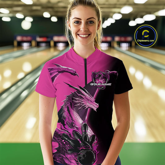 Custom Pink Dragon Flame Bowling Quarter-Zip Shirt For Women, Bowling Tournament Shirt IPHW9332