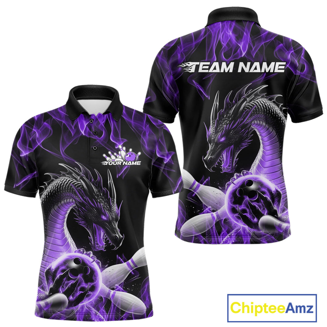 Custom Black And Purple Fire Flame Dragon Bowling Polo Shirt For Men, Dragon Bowling Jersey IPHW9823