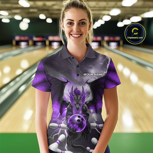 Custom Purple Thunder Lightning Dragon Bowling Polo Shirts For Women, Team Uniform IPHW9104