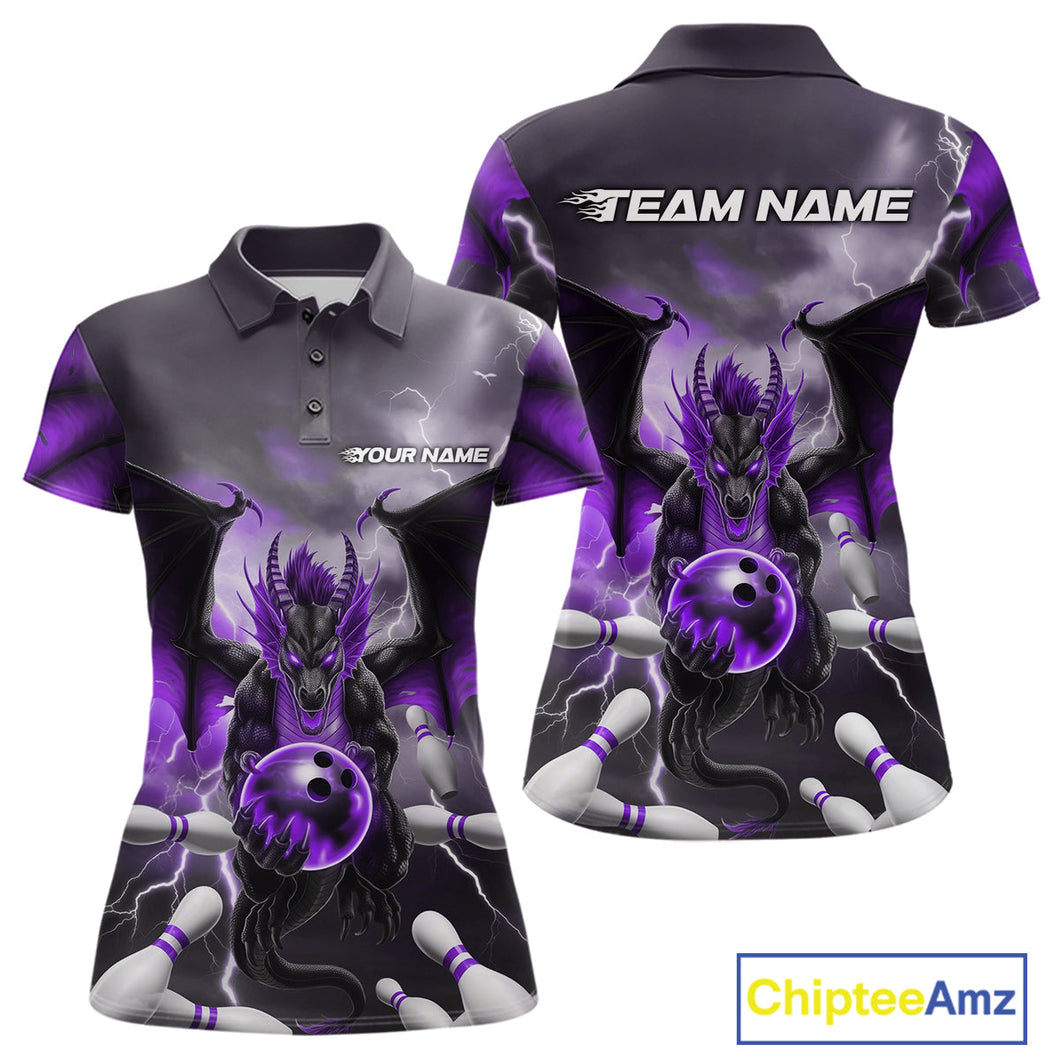 Custom Purple Thunder Lightning Dragon Bowling Polo Shirts For Women, Team Uniform IPHW9104