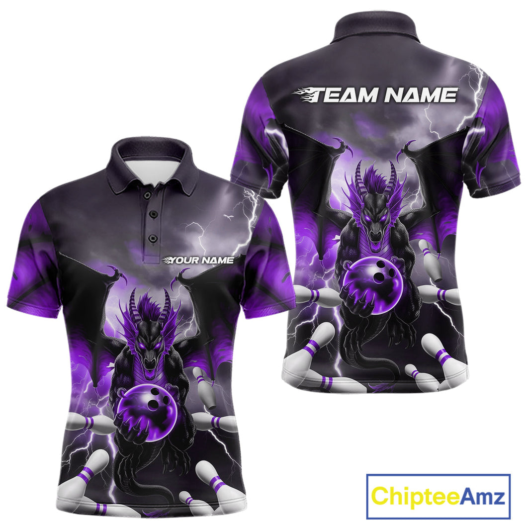 Custom Purple Thunder Lightning Dragon Bowling Polo Shirts For Men, Team Uniform IPHW9104
