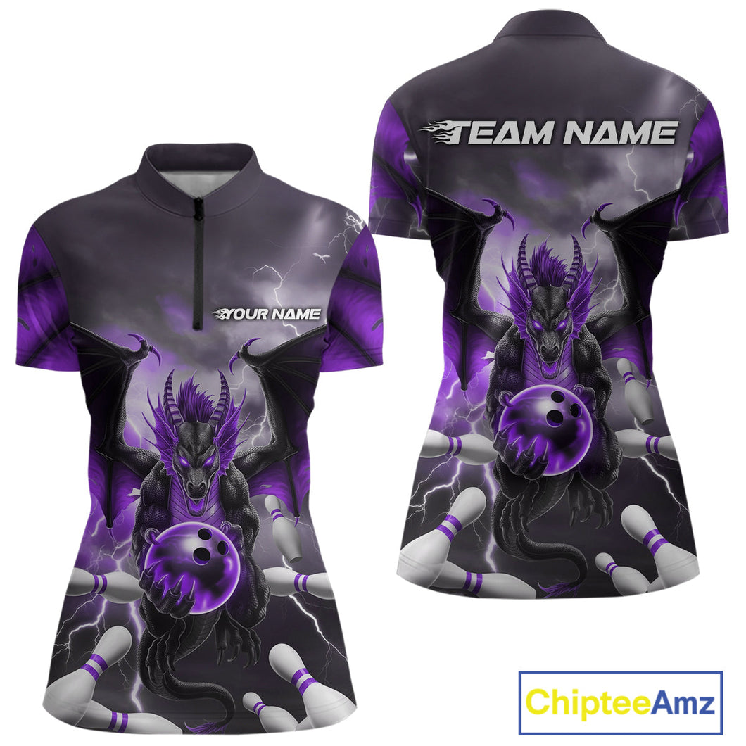 Custom Purple Thunder Lightning Dragon Bowling Women Quarter-Zip Shirts, Team Uniform IPHW9104