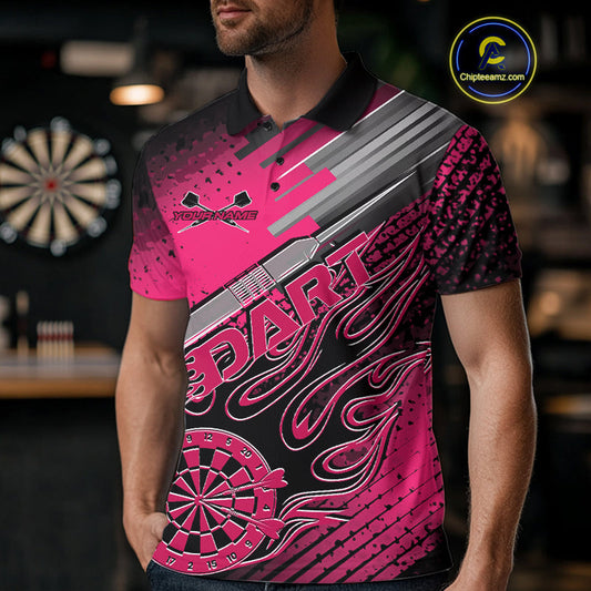 Custom Black And Pink Flame Dartboard Dart Polo Shirts For Men, Dart Uniform IPHW9687