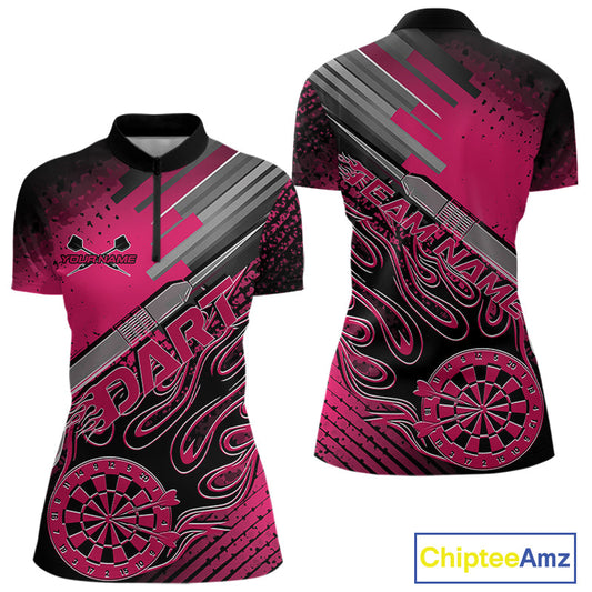 Custom Black And Pink Flame Dartboard Dart Quarter-Zip Shirts For Women, Dart Uniform IPHW9687